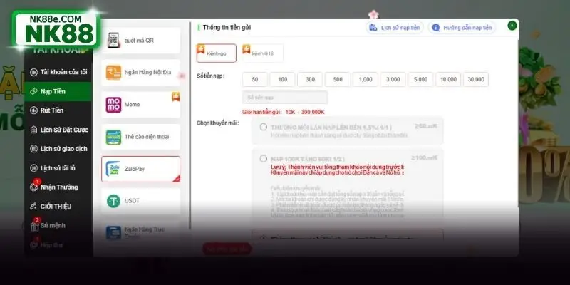 Hướng dẫn cách thực hiện nạp tiền NK88
